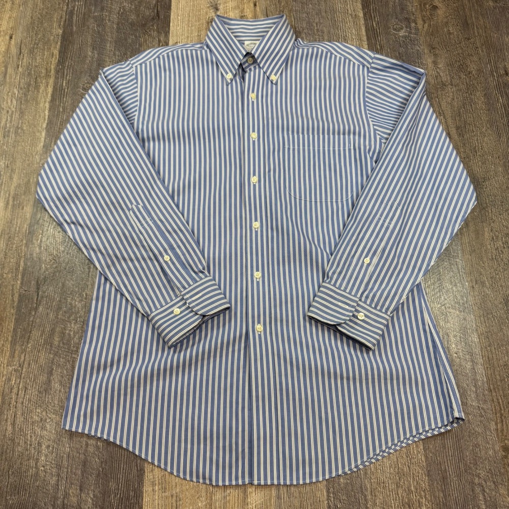 Brooks Brothers 346 Dress Shirt Mens 15.5 2/3 Blue White Striped Slim Non-Iron